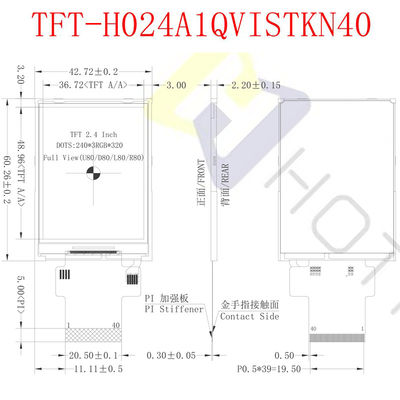 इंस्ट्रूमेंटेशन TFT-H024A13VGIST5N40 के लिए 500cd/M2 2.4 इंच TFT LCD डिस्प्ले 480X640 SPI इंटरफ़ेस