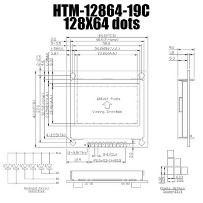 व्हाइट बैकलाइट HTM12864-19C के साथ 128X64 FSTN ग्राफिक एलसीडी मॉड्यूल