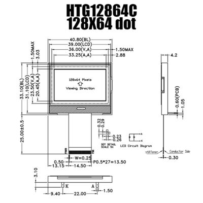 व्हाइट साइड बैकलाइट HTG12864C के साथ टिकाऊ 128X64 COG LCD मॉड्यूल ग्राफिक ST7565R
