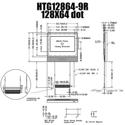 128X64 MCU LCD COG मॉड्यूल, IC 7565R चिप ऑन ग्लास LCD डिस्प्ले HTG12864-9R
