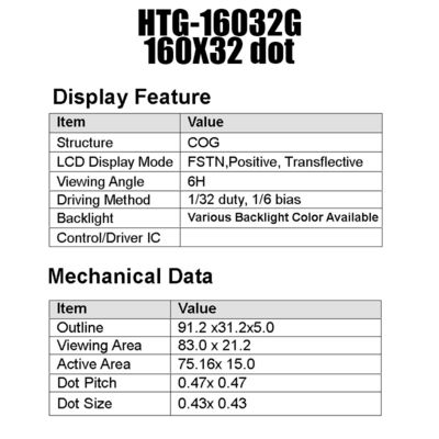 75.16x16mm COG LCD मॉड्यूल 160x32 ST7525 नेगेटिव ट्रांसमिसिव HTG16032G