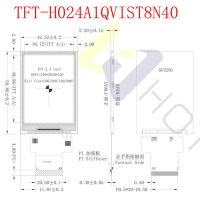 इंस्ट्रूमेंटेशन TFT-H024A13VGIST5N40 के लिए 500cd/M2 2.4 इंच TFT LCD डिस्प्ले 480X640 SPI इंटरफ़ेस