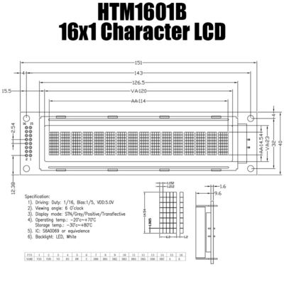 16x1 मोनोक्रोम एलसीडी डिस्प्ले मॉड्यूल, S6A0069 छोटा एलसीडी मॉड्यूल HTM1601B