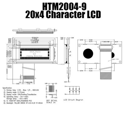 औद्योगिक एचटीएम2004-9 के लिए 4X20 व्हाइट स्लिम कैरेक्टर एलसीडी मॉड्यूल